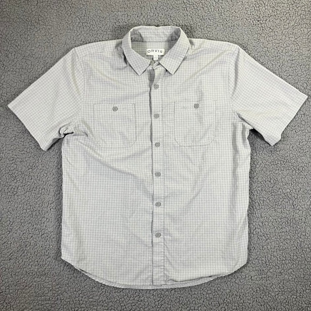 Orvis Mens Large Grey Plaid Short Sleeve Button Down Shirt Dual Pocket Classic